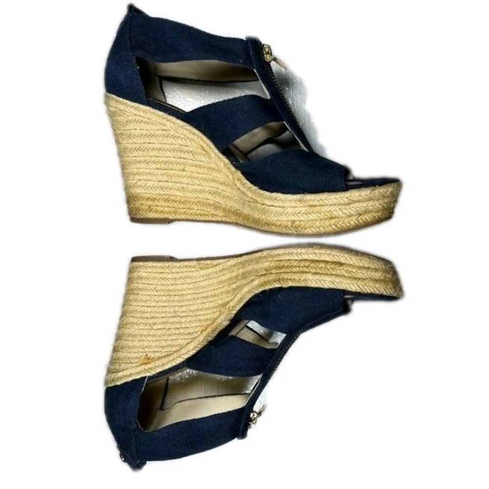 Michael Kors Navy Canvas Espadrille Wedge Sandals Gold Zip Front 6.5M AG12K